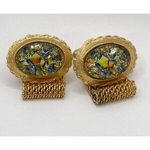 Vintage, Iridescent Glass, Wrap Around Cuff Links, Mesh, Gold Tone